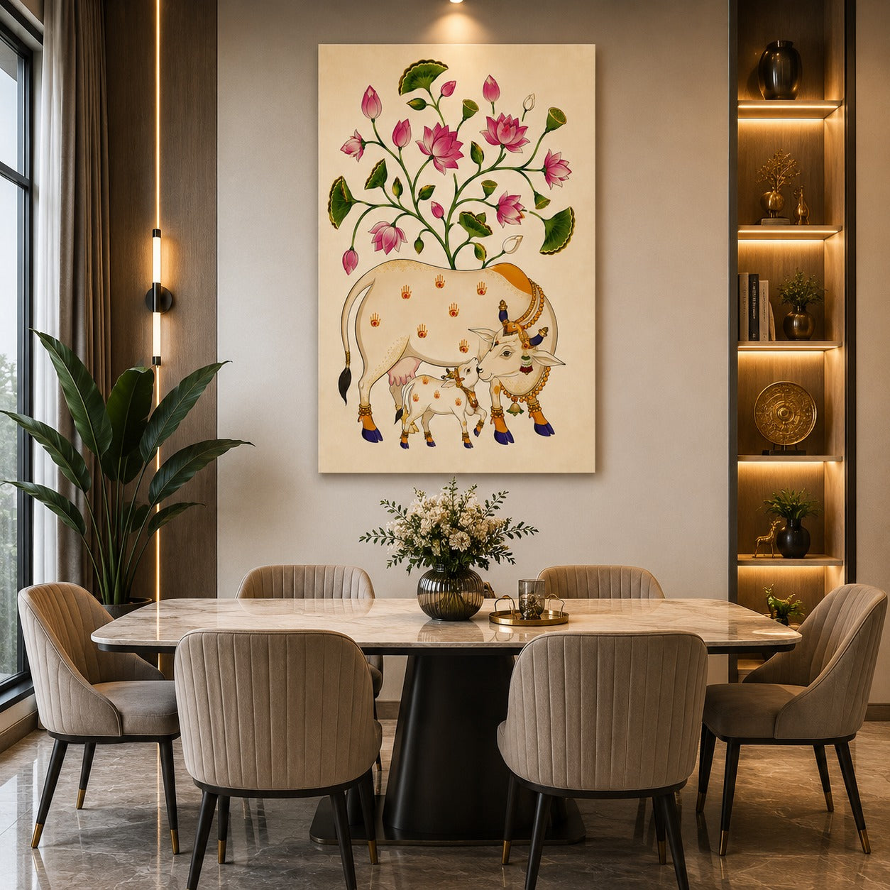 Decor Daddy Premium Kamdhenu Cow Canvas Wall Painting | Divine Lotus Wall Art for Home, Office & Temple