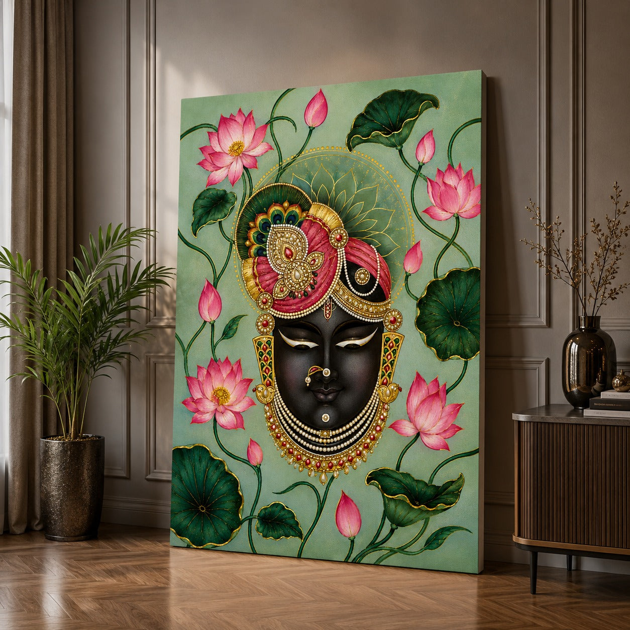 Decor Daddy Premium Shrinathji Krishna Canvas Wall Painting | Spiritual Lotus Wall Art for Home, Office & Temple Decor