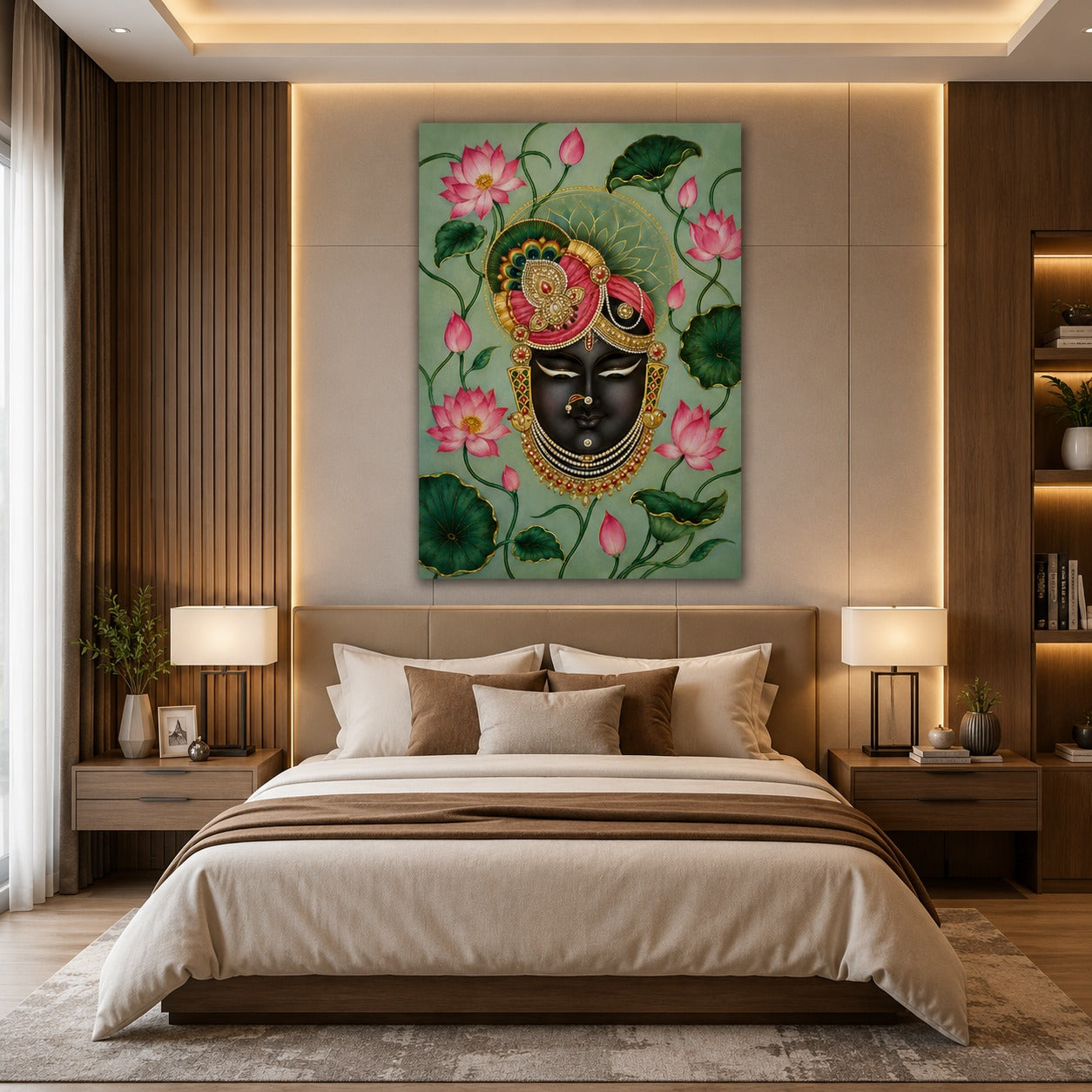 Decor Daddy Premium Shrinathji Krishna Canvas Wall Painting | Spiritual Lotus Wall Art for Home, Office & Temple Decor