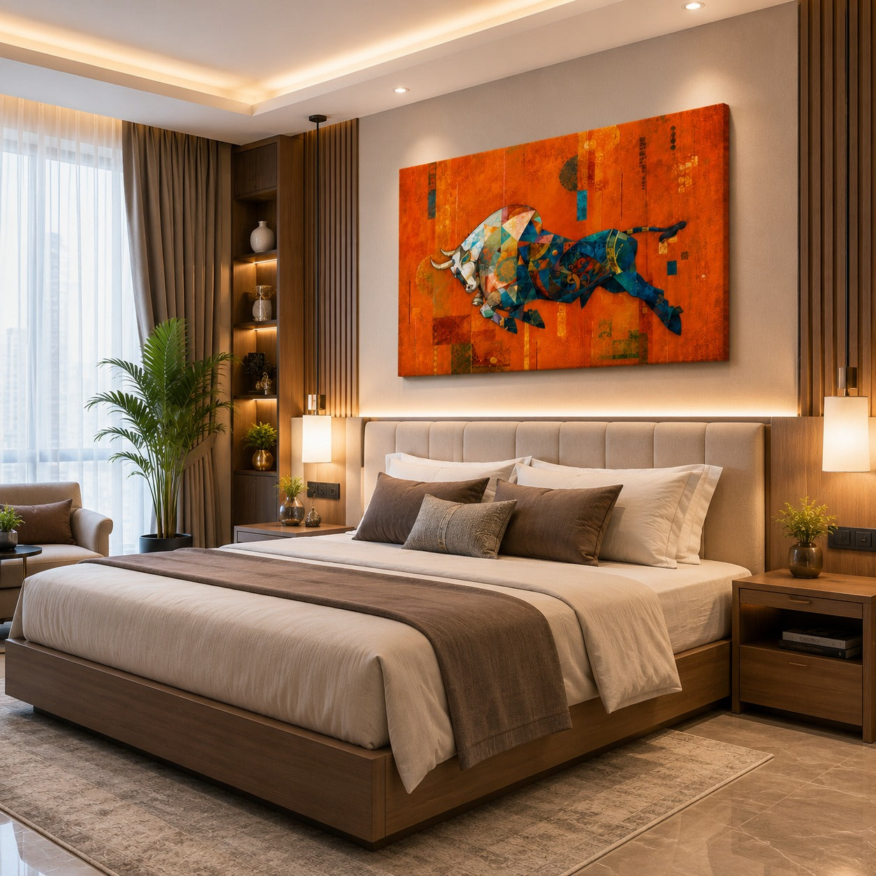 Abstract Geometric Bull Canvas Painting – Modern Luxury Wall Art for Living Room, Dining Room & Office Decor