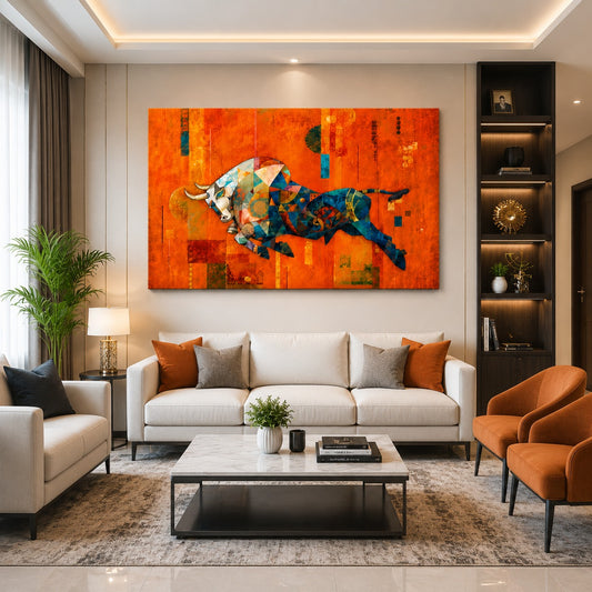 Abstract Geometric Bull Canvas Painting – Modern Luxury Wall Art for Living Room, Dining Room & Office Decor