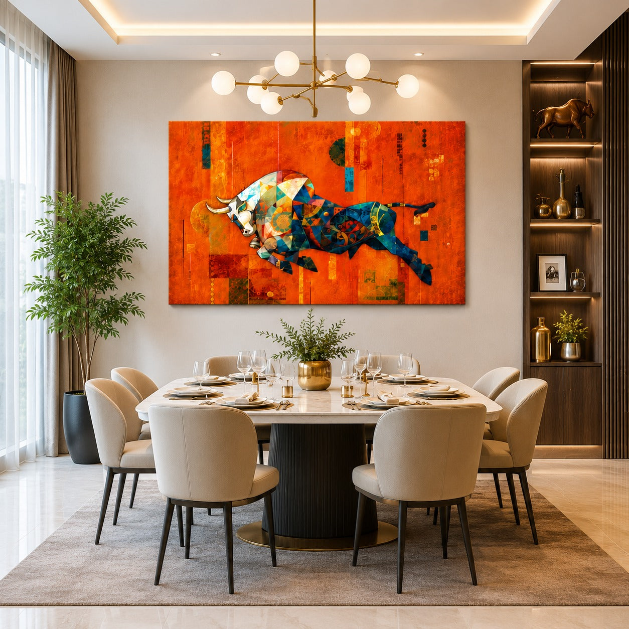 Abstract Geometric Bull Canvas Painting – Modern Luxury Wall Art for Living Room, Dining Room & Office Decor