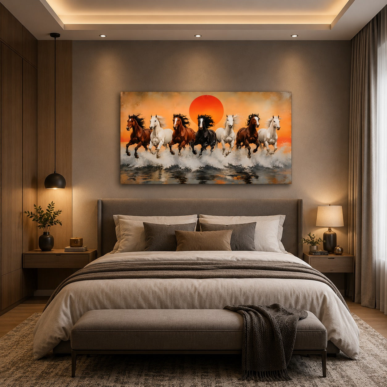 Running Horses Canvas Wall Art with Sunrise – Premium Large Horse Painting for Living Room, Modern Animal Wall Decor | Decor Daddy