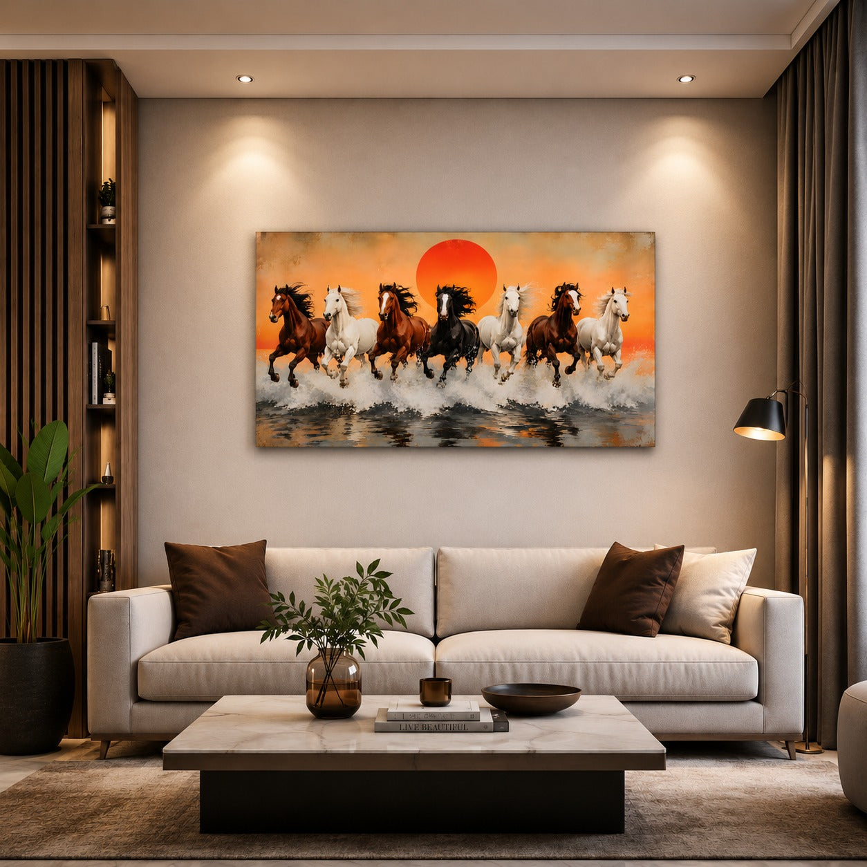 Running Horses Canvas Wall Art with Sunrise – Premium Large Horse Painting for Living Room, Modern Animal Wall Decor | Decor Daddy