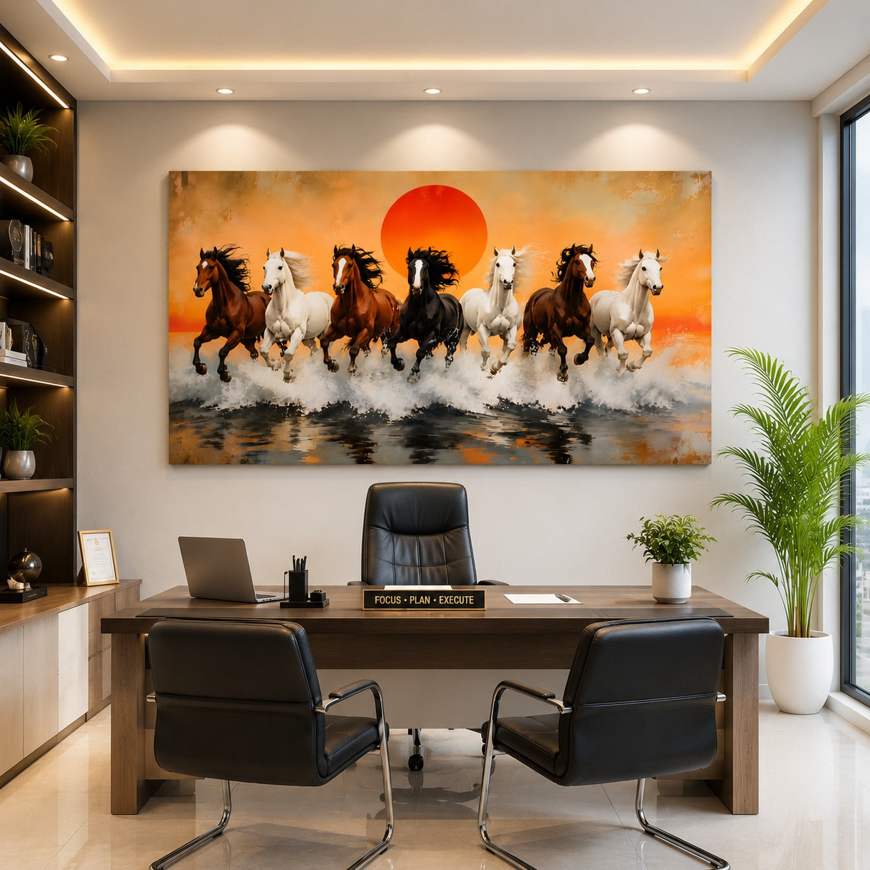 Running Horses Canvas Wall Art with Sunrise – Premium Large Horse Painting for Living Room, Modern Animal Wall Decor | Decor Daddy
