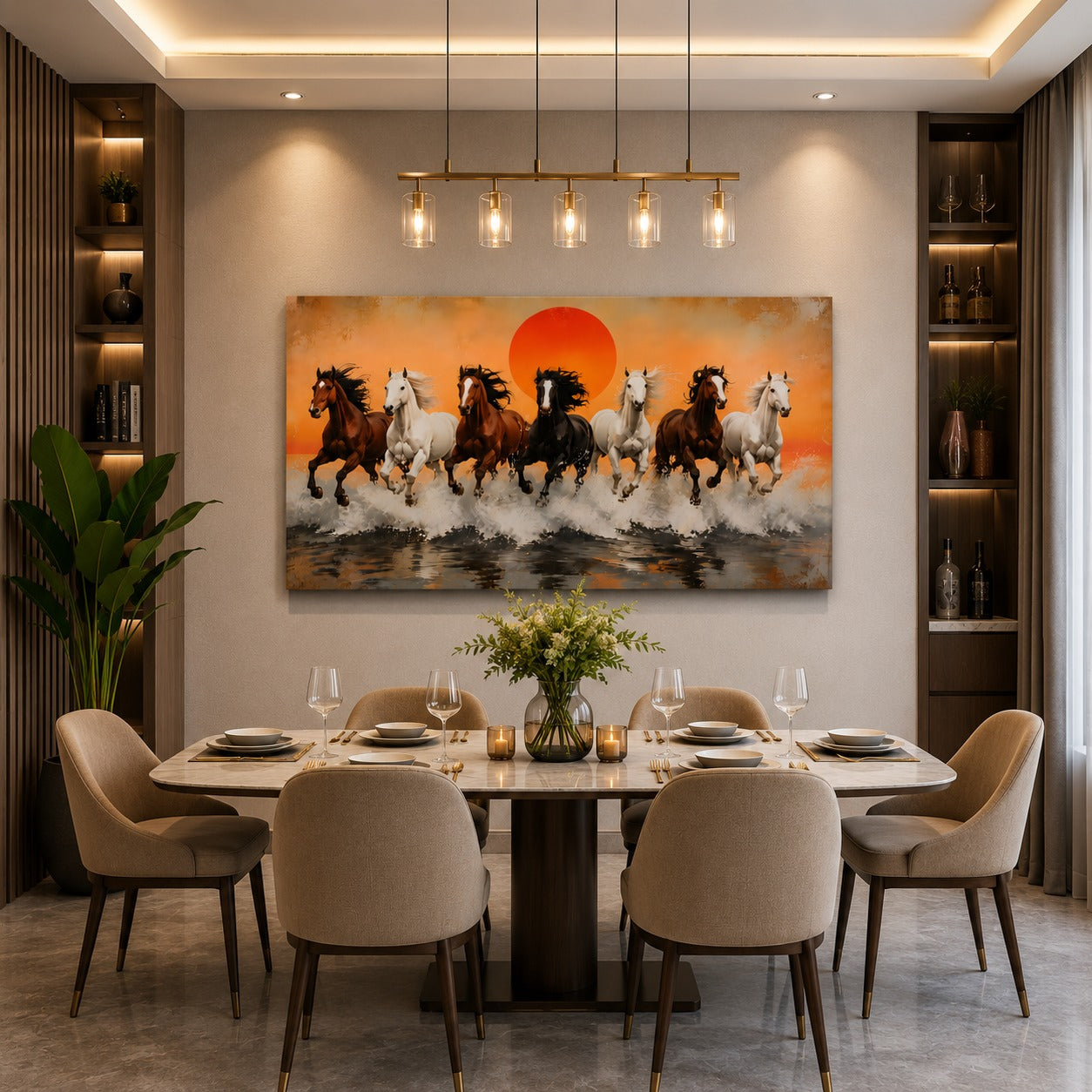 Running Horses Canvas Wall Art with Sunrise – Premium Large Horse Painting for Living Room, Modern Animal Wall Decor | Decor Daddy