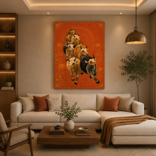 Kamdhenu Cow Canvas Wall Painting | Sacred Gau Mata Wall Art | Vastu & Spiritual Home Decor | Premium Stretched Canvas by Decor Daddy