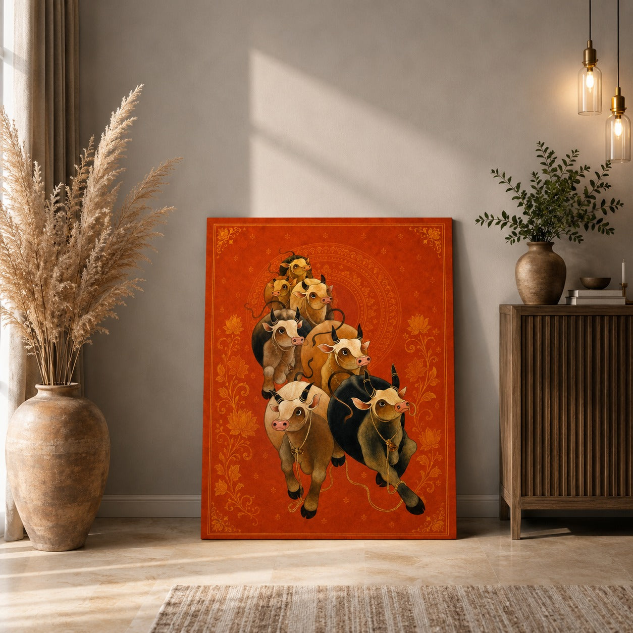 Kamdhenu Cow Canvas Wall Painting | Sacred Gau Mata Wall Art | Vastu & Spiritual Home Decor | Premium Stretched Canvas by Decor Daddy