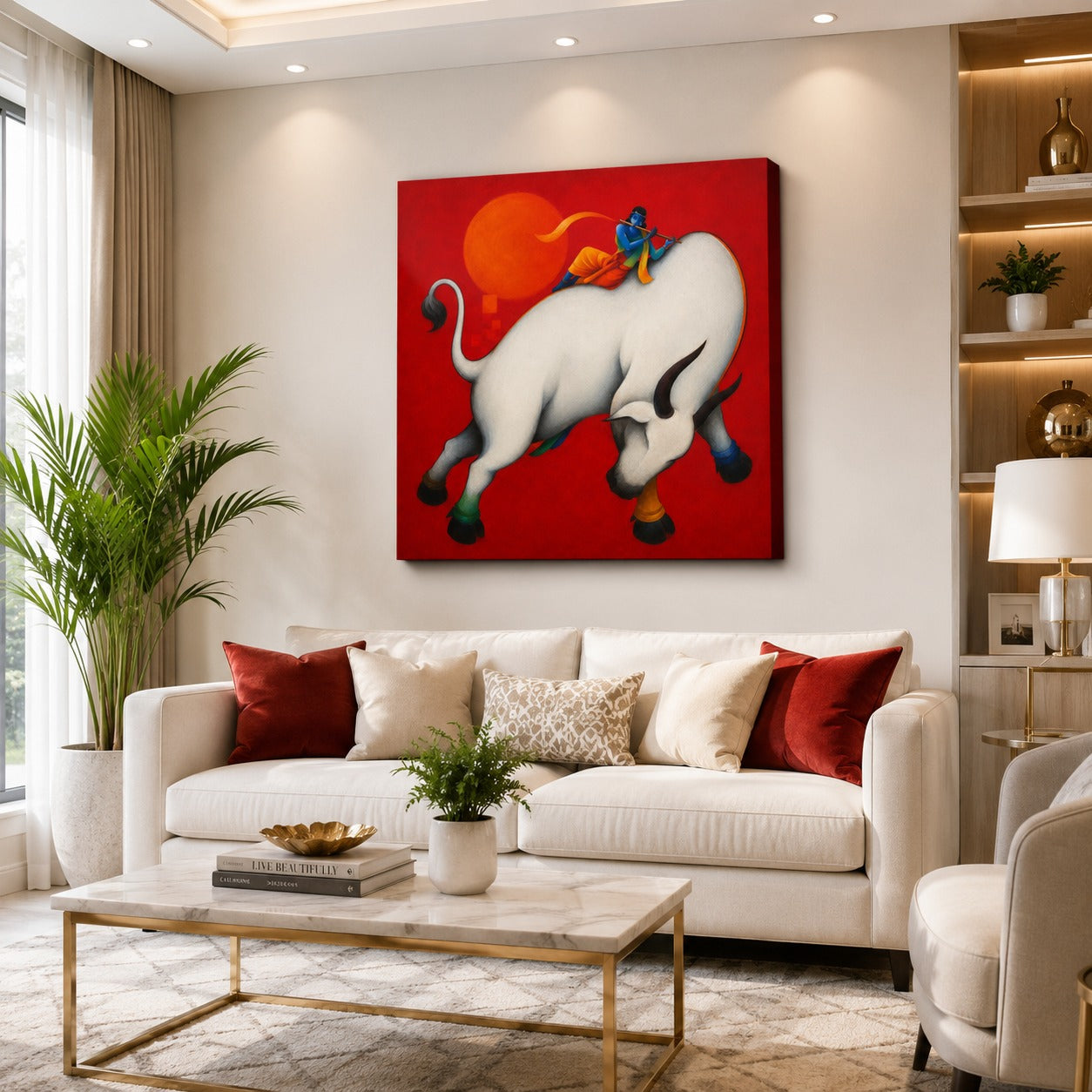 Lord Krishna Playing Flute on Sacred White Cow Canvas Wall Painting for Living Room, Pooja Room and Spiritual Home Décor.