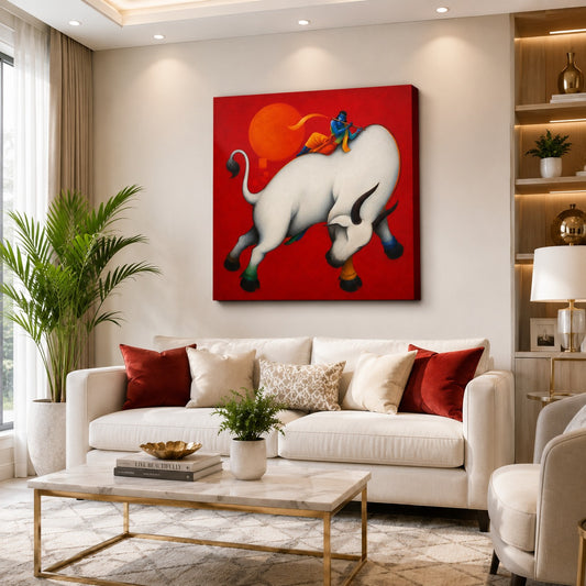 Lord Krishna Playing Flute on Sacred White Cow Canvas Wall Painting for Living Room, Pooja Room and Spiritual Home Décor.