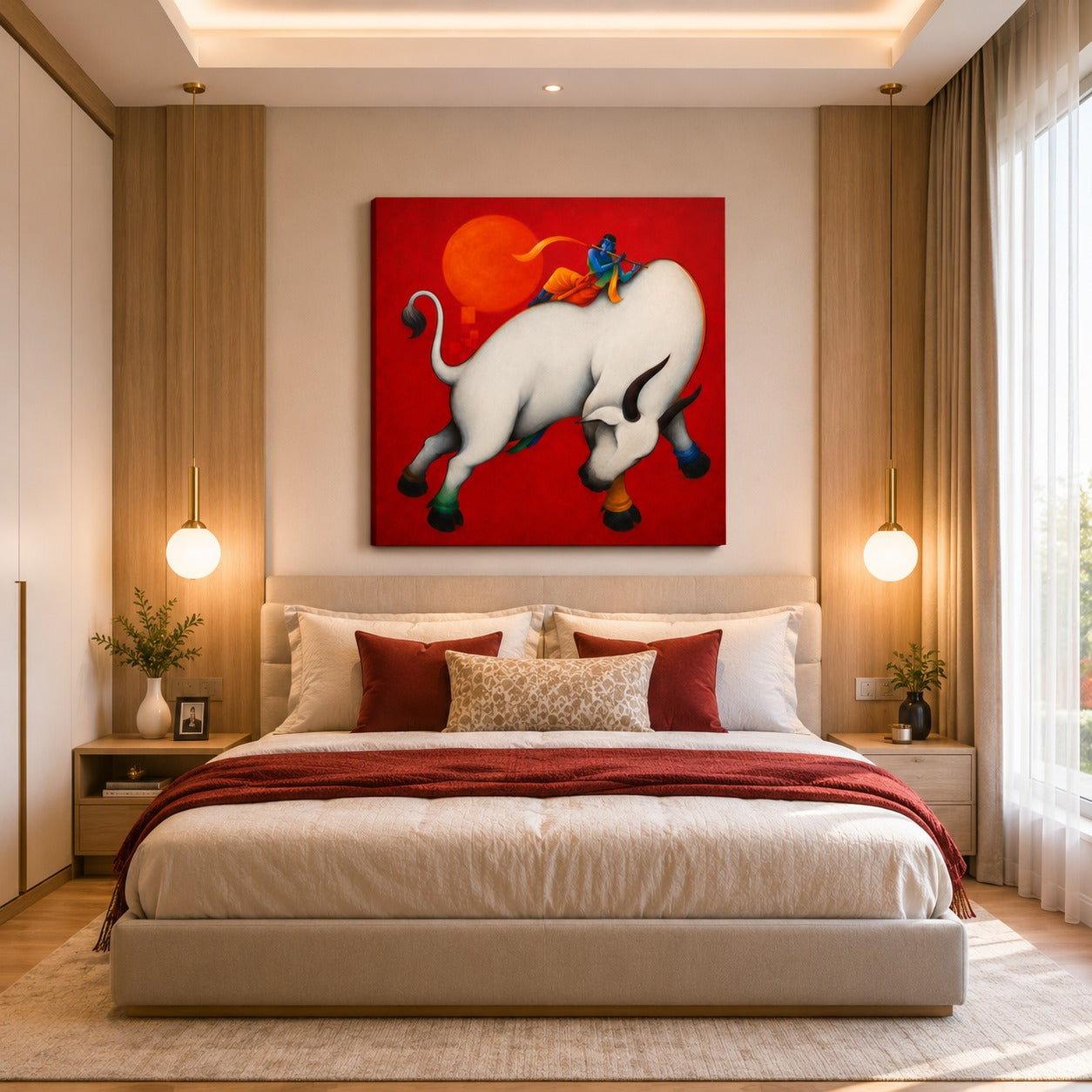 Lord Krishna on Sacred Cow Canvas Wall Painting | Premium Spiritual Canvas Art for Living Room, Pooja Room & Home Decor | Decor Daddy