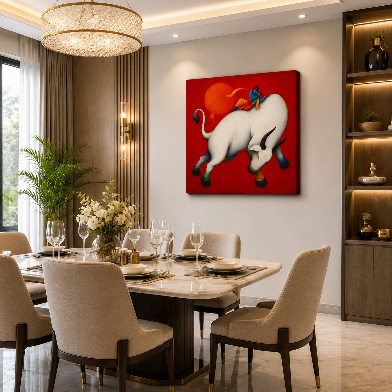 Lord Krishna on Sacred Cow Canvas Wall Painting | Premium Spiritual Canvas Art for Living Room, Pooja Room & Home Decor | Decor Daddy