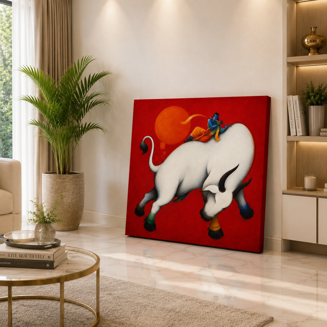 Lord Krishna on Sacred Cow Canvas Wall Painting | Premium Spiritual Canvas Art for Living Room, Pooja Room & Home Decor | Decor Daddy