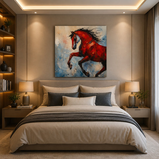 Abstract Red Horse Canvas Wall Art – Modern Running Horse Painting | Premium Canvas Print for Living Room, Bedroom & Office Decor