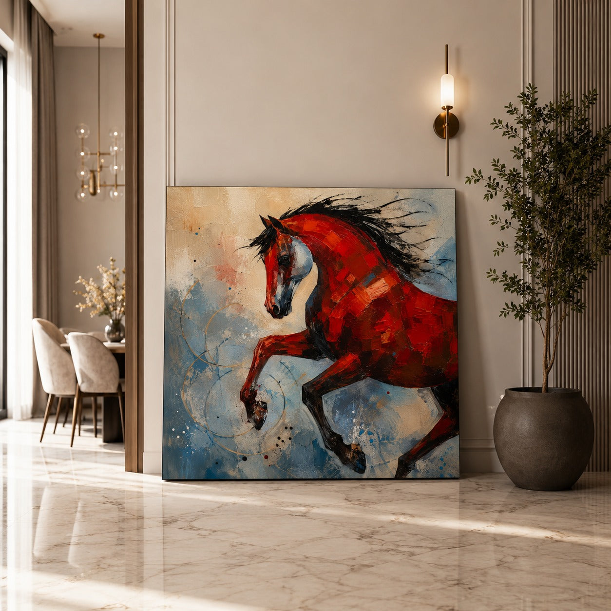 Abstract Red Horse Canvas Wall Art – Modern Running Horse Painting | Premium Canvas Print for Living Room, Bedroom & Office Decor