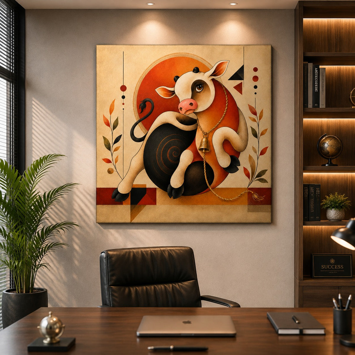 Modern Cow Canvas Painting – Contemporary Cow Wall Art | Vibrant Orange Cow Artwork for Office, Living Room & Home Decor