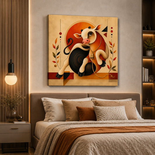 Modern Cow Canvas Painting – Contemporary Cow Wall Art | Vibrant Orange Cow Artwork for Office, Living Room & Home Decor