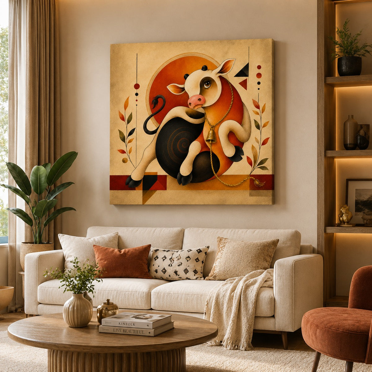 Modern Cow Canvas Painting – Contemporary Cow Wall Art | Vibrant Orange Cow Artwork for Office, Living Room & Home Decor
