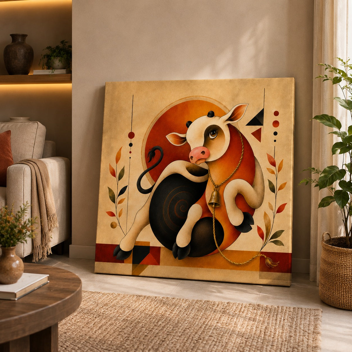 Modern Cow Canvas Painting – Contemporary Cow Wall Art | Vibrant Orange Cow Artwork for Office, Living Room & Home Decor