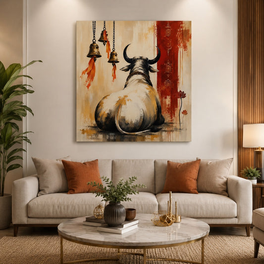 Sacred Nandi Bull Canvas Wall Painting | Lord Shiva Inspired Modern Spiritual Wall Art | Premium Canvas Print for Living Room & Office