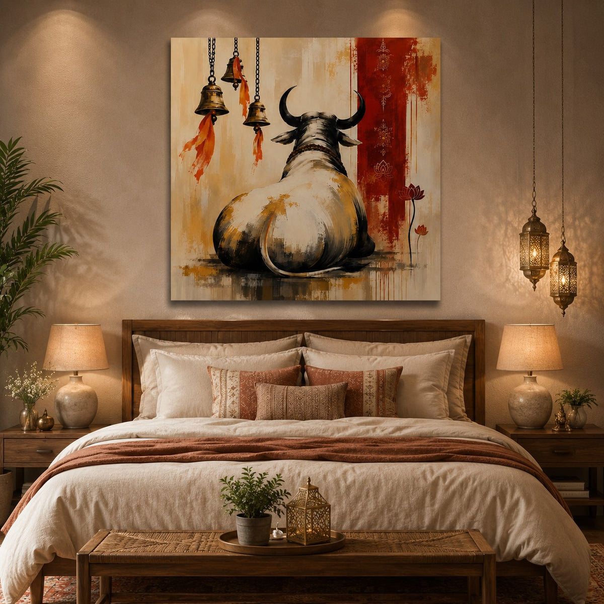 Sacred Nandi Bull Canvas Wall Painting | Lord Shiva Inspired Modern Spiritual Wall Art | Premium Canvas Print for Living Room & Office