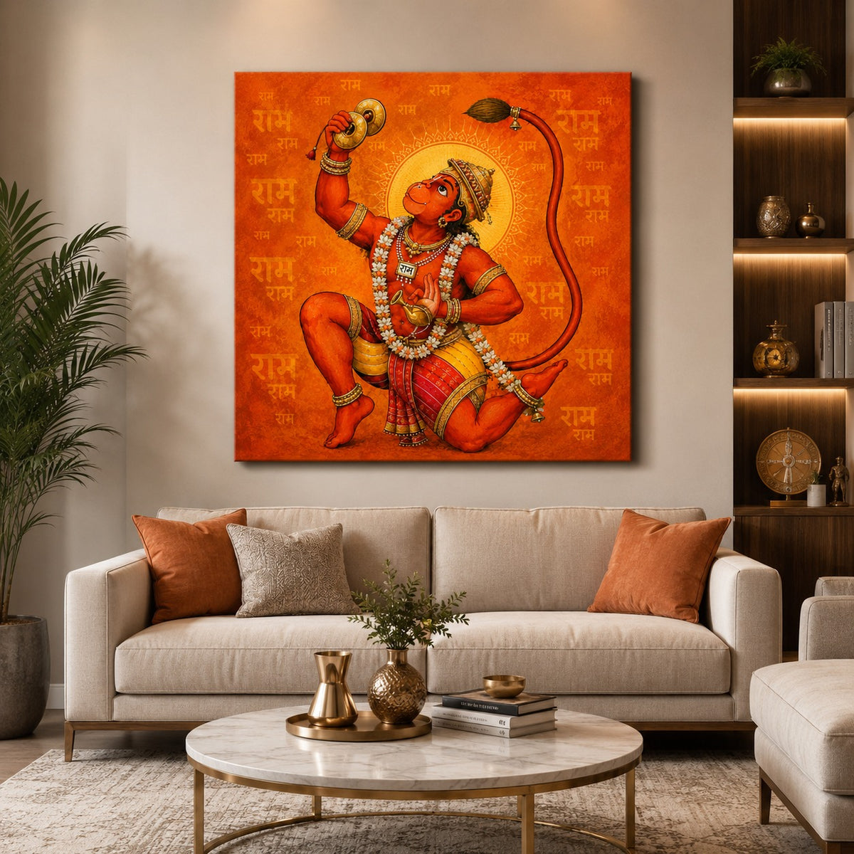 Divine Hanuman Wall Art – Ram Bhakti Orange Canvas Painting