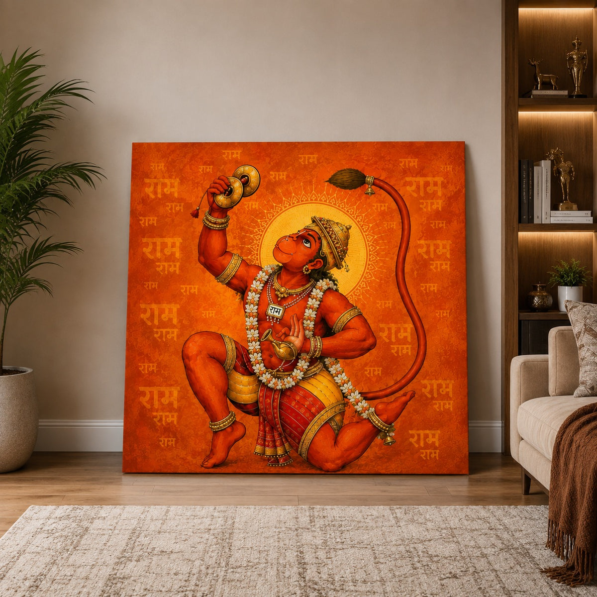 Divine Hanuman Wall Art – Ram Bhakti Orange Canvas Painting
