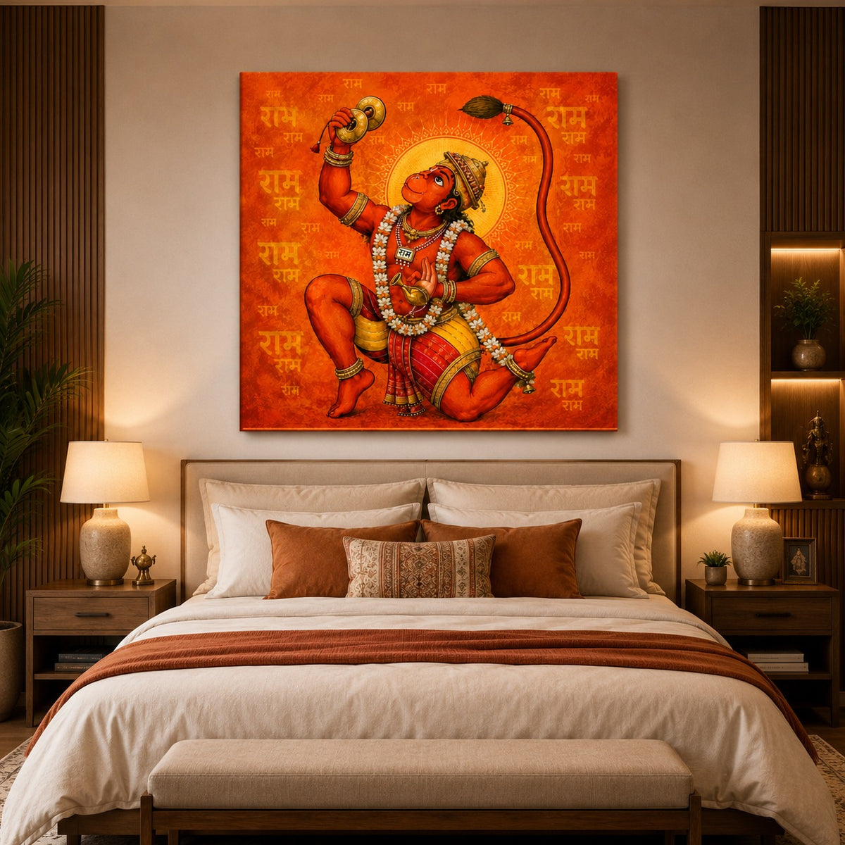 Divine Hanuman Wall Art – Ram Bhakti Orange Canvas Painting