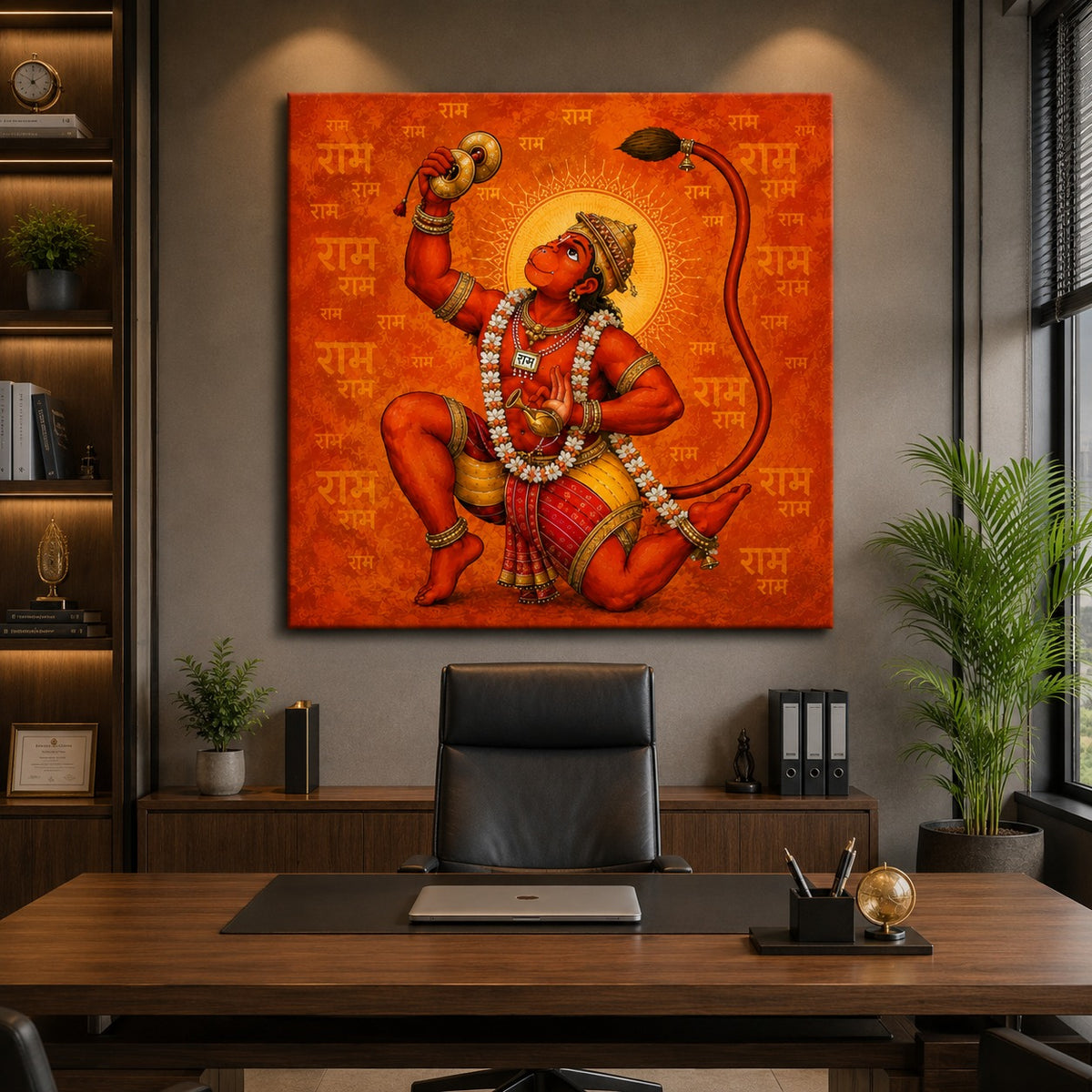 Divine Hanuman Wall Art – Ram Bhakti Orange Canvas Painting
