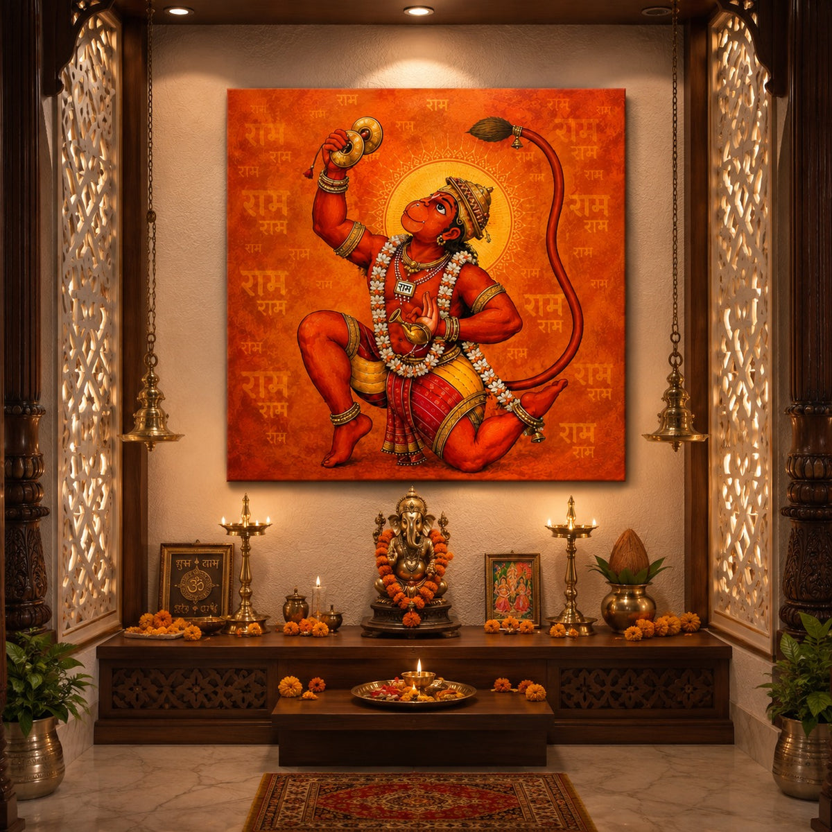Divine Hanuman Wall Art – Ram Bhakti Orange Canvas Painting