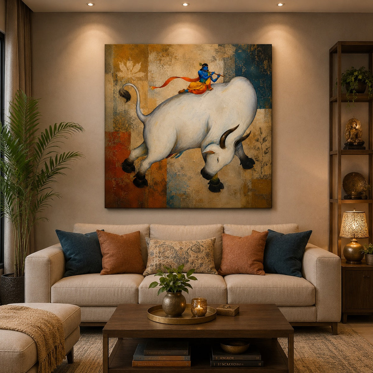 Lord Krishna on Sacred Cow Canvas Wall Painting | Premium Spiritual Canvas Art for Living Room, Pooja Room & Home Decor | Decor Daddy