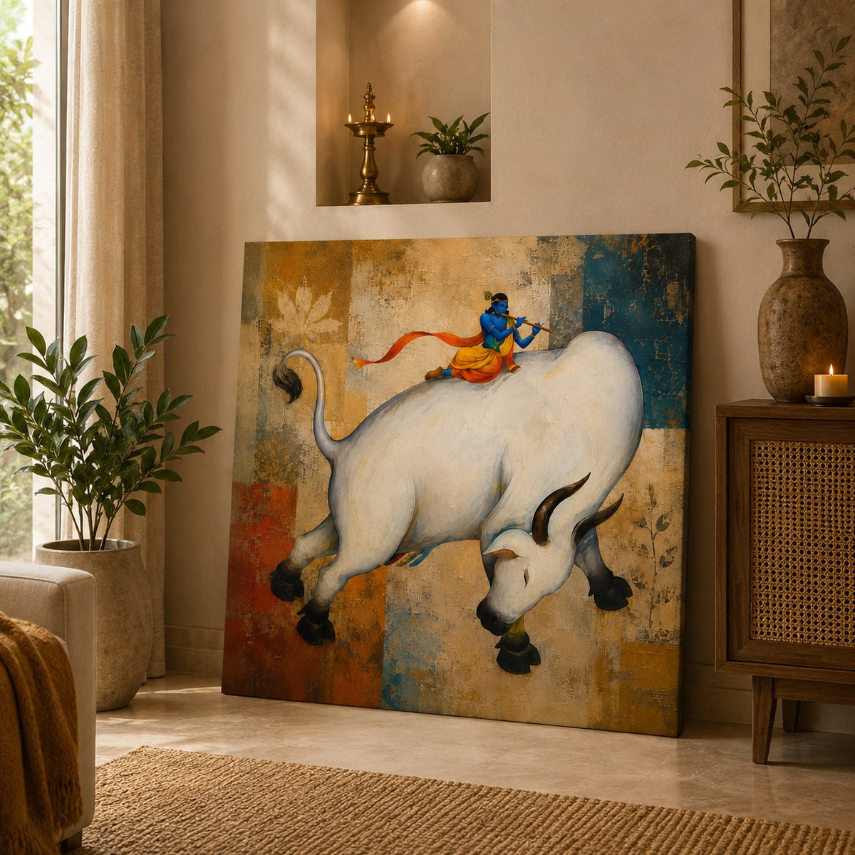 Lord Krishna on Sacred Cow Canvas Wall Painting | Premium Spiritual Canvas Art for Living Room, Pooja Room & Home Decor | Decor Daddy