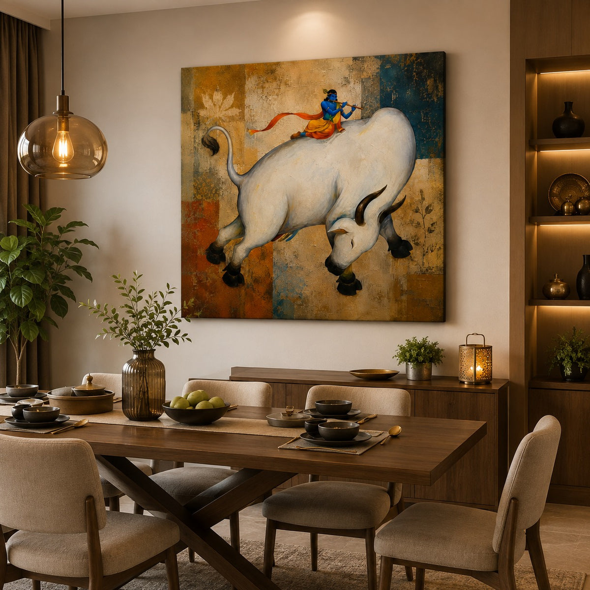 Lord Krishna on Sacred Cow Canvas Wall Painting | Premium Spiritual Canvas Art for Living Room, Pooja Room & Home Decor | Decor Daddy