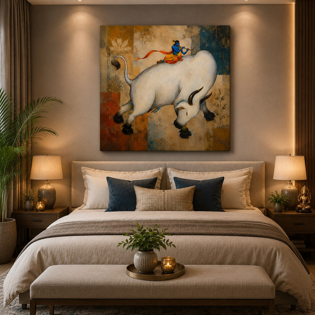 Lord Krishna on Sacred Cow Canvas Wall Painting | Premium Spiritual Canvas Art for Living Room, Pooja Room & Home Decor | Decor Daddy