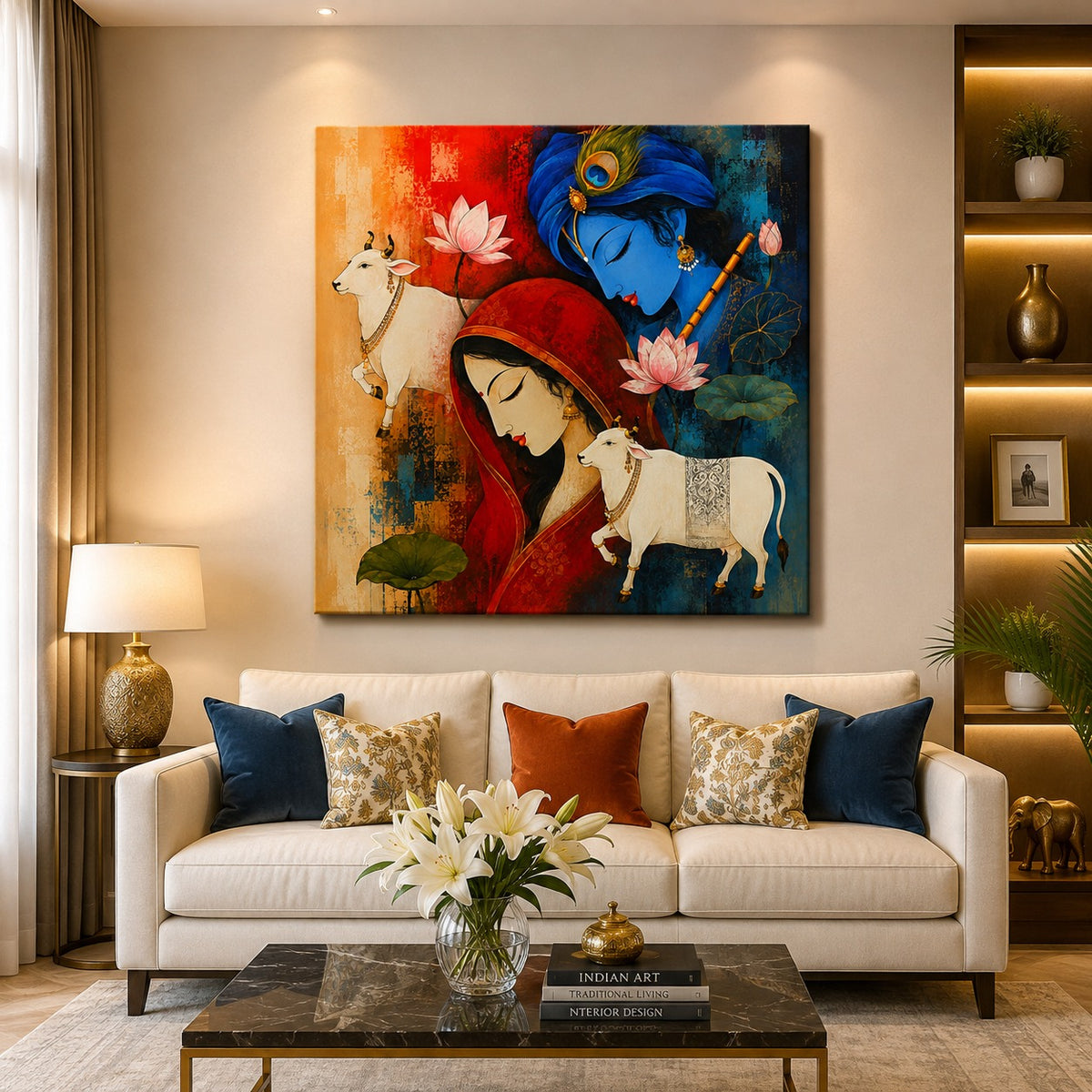 Radha Krishna Inspired Cow & Lotus Canvas Painting | Spiritual Modern Wall Art for Living Room | Premium Framed Canvas