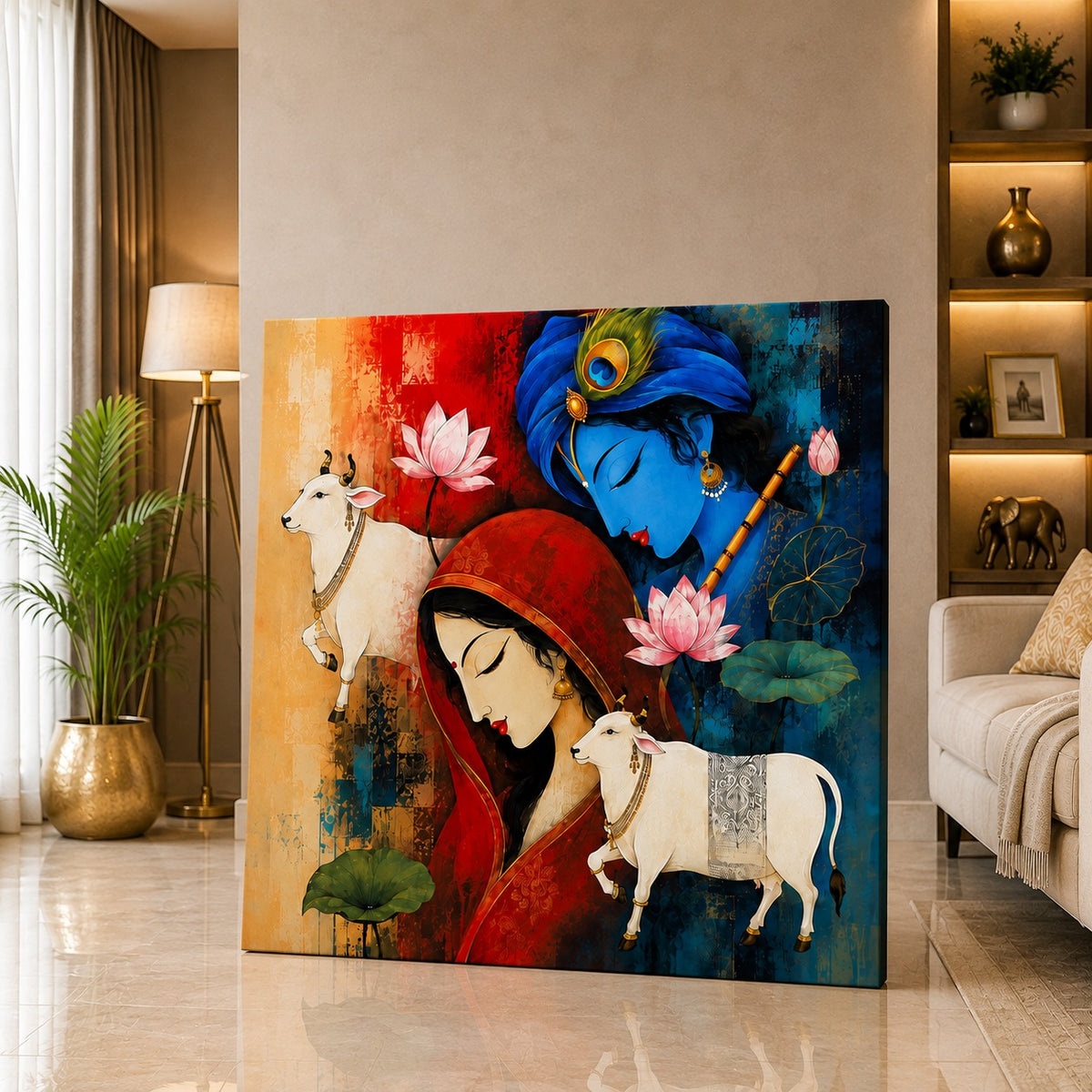 Radha Krishna Inspired Cow & Lotus Canvas Painting | Spiritual Modern Wall Art for Living Room | Premium Framed Canvas