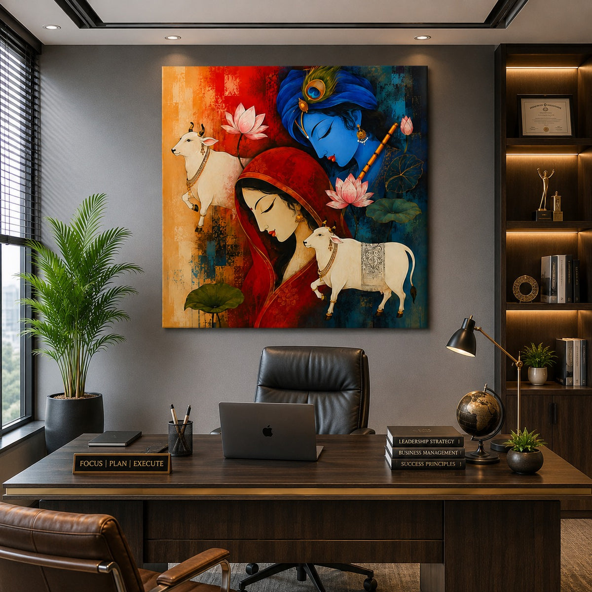 Radha Krishna Inspired Cow & Lotus Canvas Painting | Spiritual Modern Wall Art for Living Room | Premium Framed Canvas