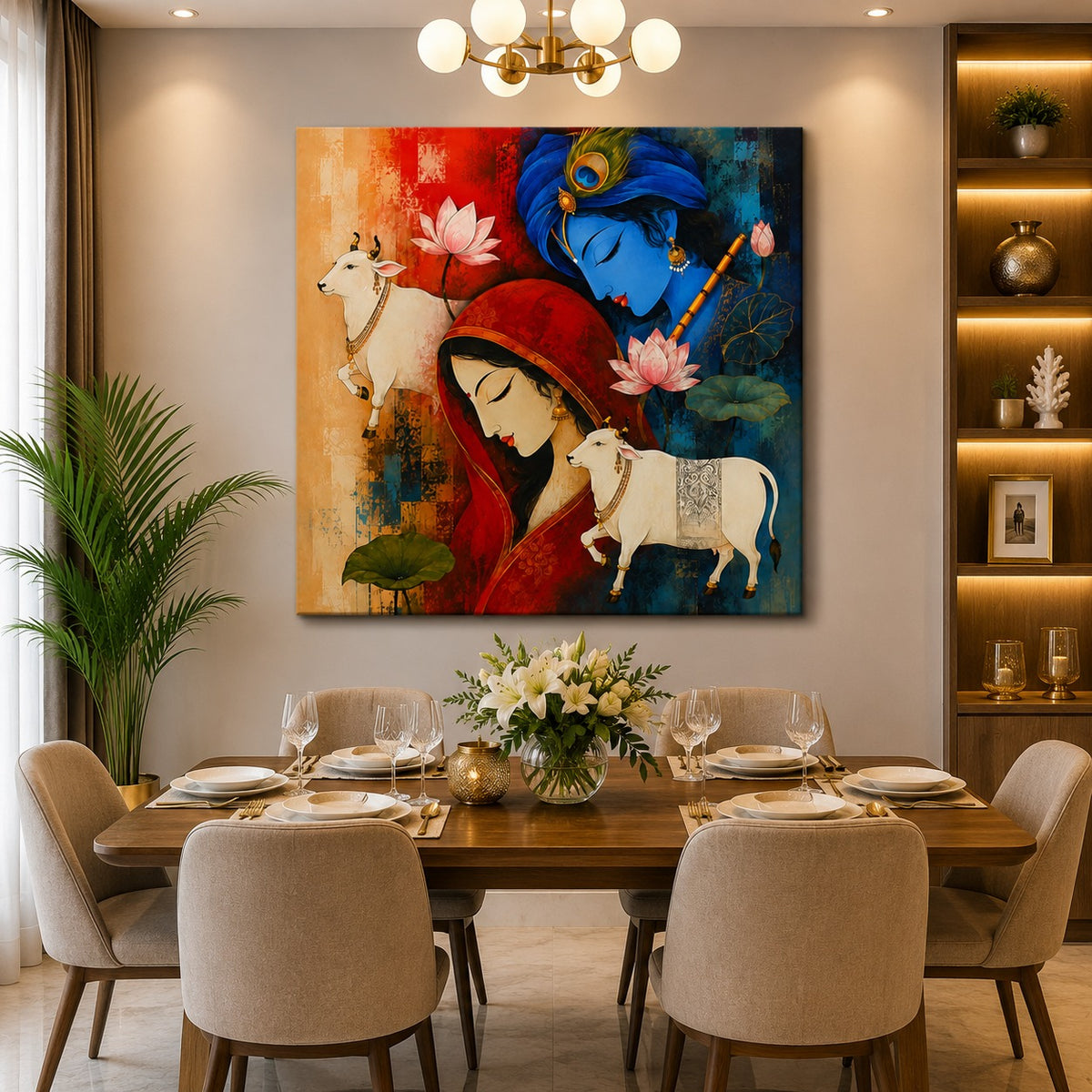 Radha Krishna Inspired Cow & Lotus Canvas Painting | Spiritual Modern Wall Art for Living Room | Premium Framed Canvas