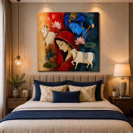Radha Krishna Inspired Cow & Lotus Canvas Painting | Spiritual Modern Wall Art for Living Room | Premium Framed Canvas