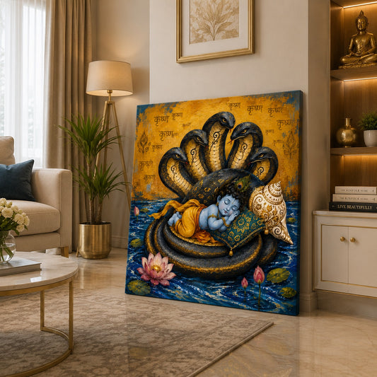 Baby Krishna on Sheshnag Canvas Wall Painting | Divine Hindu Wall Art for Living Room, Bedroom & Temple | Premium Canvas Print