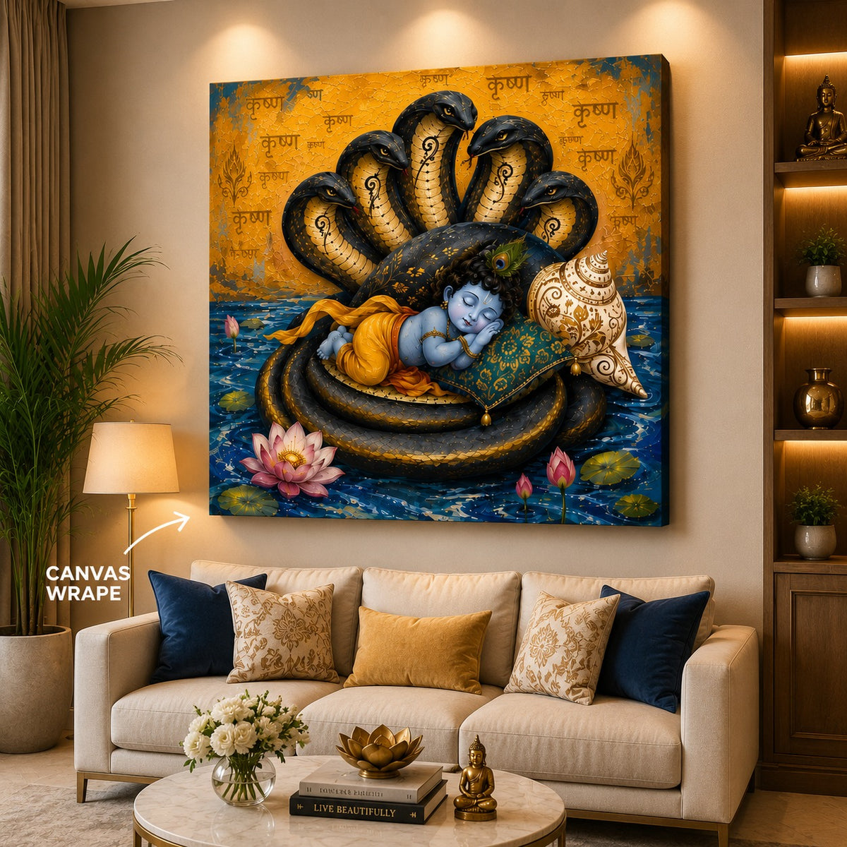 Baby Krishna on Sheshnag Canvas Wall Painting | Divine Hindu Wall Art for Living Room, Bedroom & Temple | Premium Canvas Print