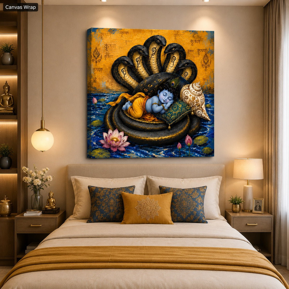 Baby Krishna on Sheshnag Canvas Wall Painting | Divine Hindu Wall Art for Living Room, Bedroom & Temple | Premium Canvas Print