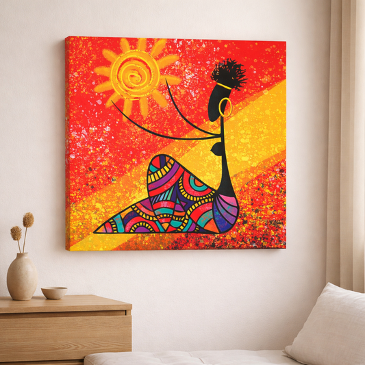 Abstract African Woman Canvas Wall Art with Sun – Modern Colorful Painting for Living Room, Ethnic Art Wall Decor | Decor Daddy